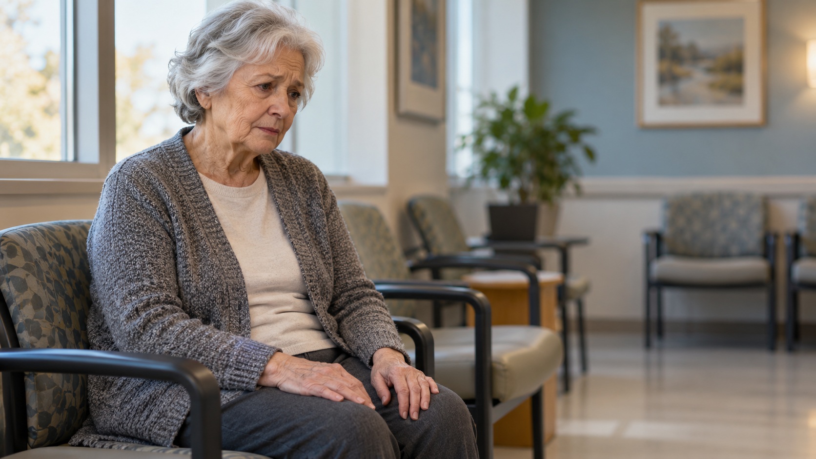 Illustrative image of an older woman sitting with a concerned expression in a medical waiting room.