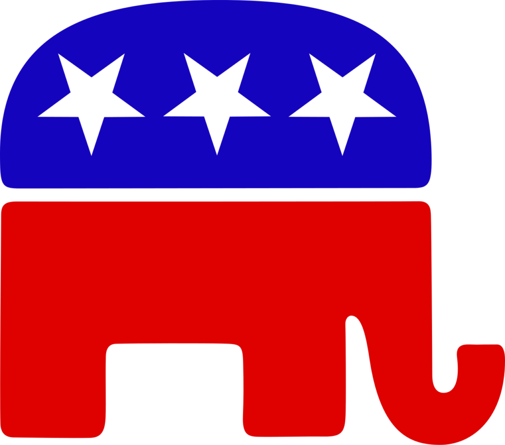 Traditional Republican Party elephant symbol in red, white and blue.