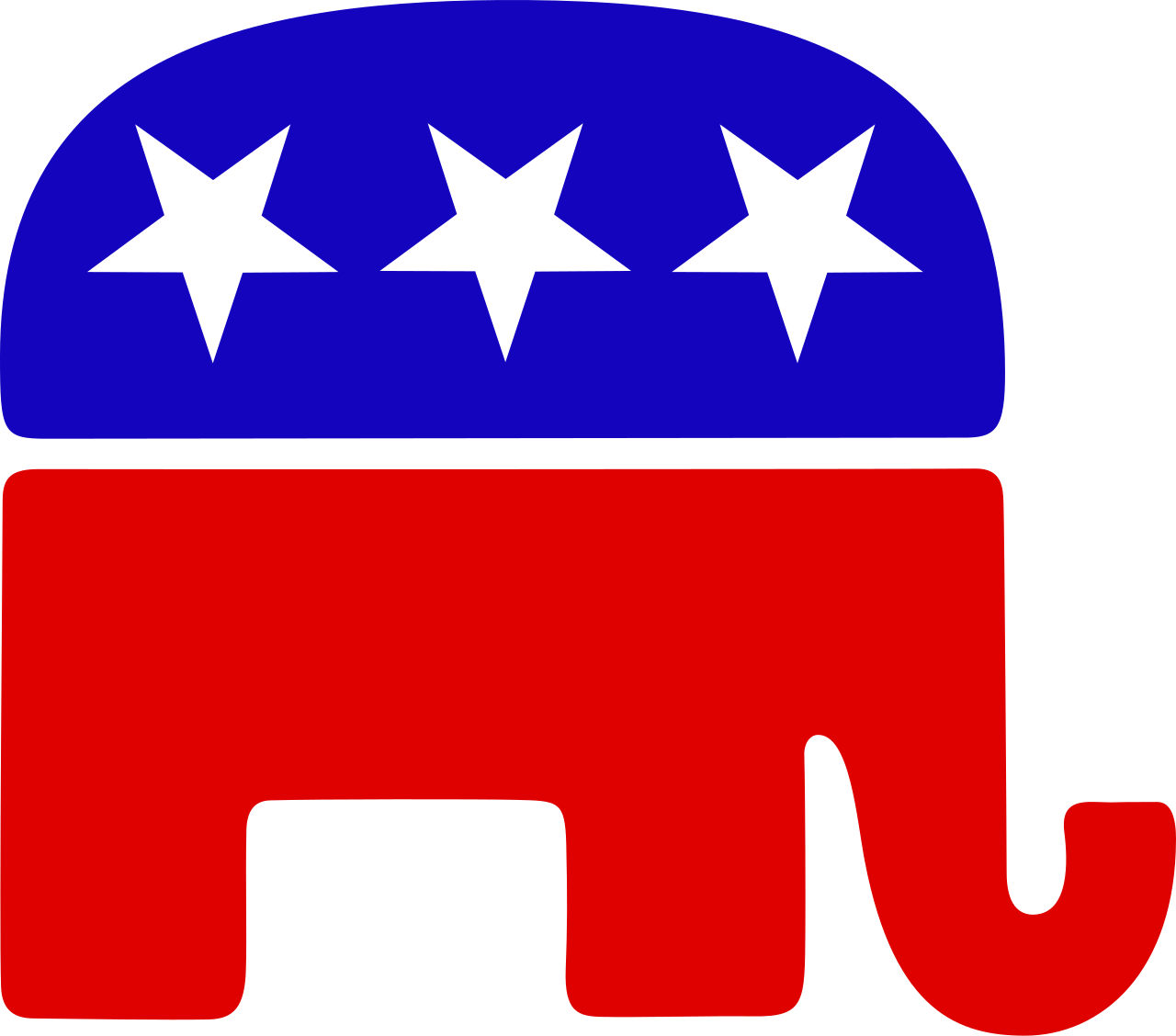 Traditional Republican Party elephant symbol in red, white and blue.