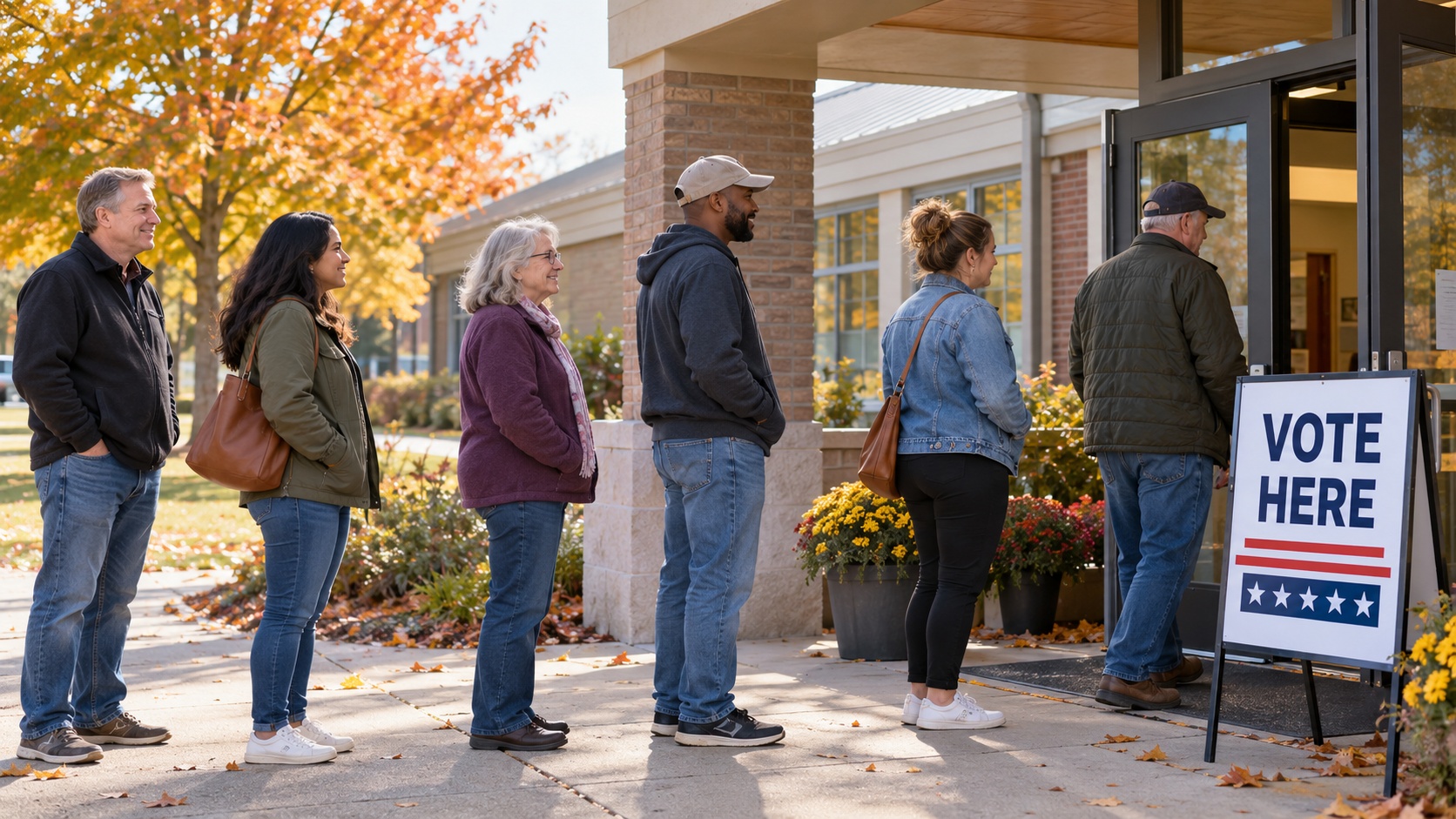 Illustration of adults waiting in line outside a polling place.